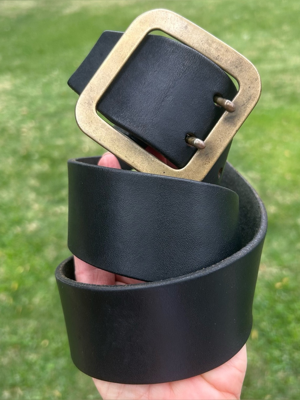 Vintage Genuine Leather Belt Raw Holes Brass Double Prong Buckle M 37”